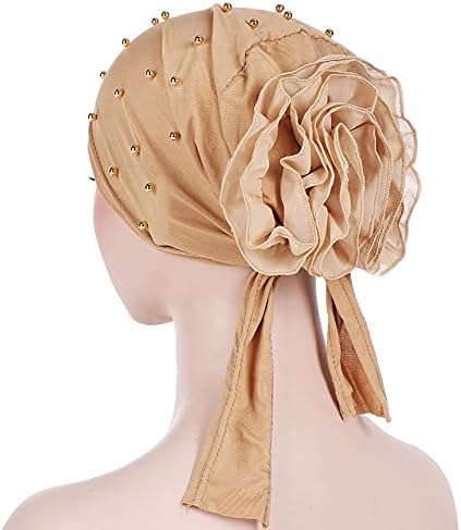 Womenie Beanie Hat Headwrap com Pearl Turban Ruffle Flower Flor Slouchy Feanie Caps for Women Muçulmano Capéu de Turro Treno