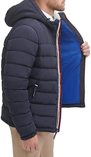 Tommy Hilfiger Men's Midweight Sherpa forrado a jaqueta de soprador resistente a água com capuz, Tech Midnight, pequena