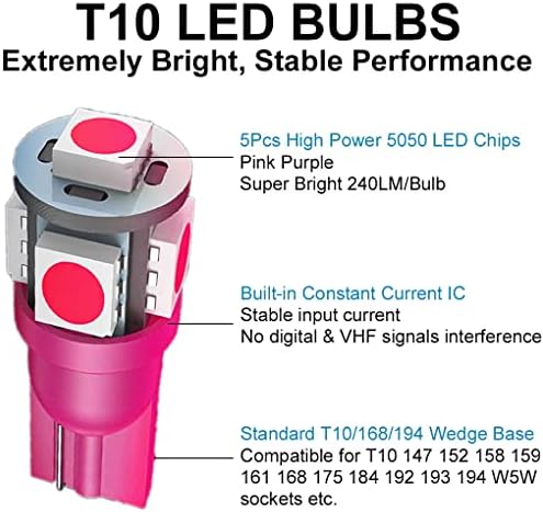 Glofe 194 lâmpada LED rosa roxo 168 T10 2825 5SMD lâmpadas de substituição de LED para cúpula de carros Porta de mapa cortesia