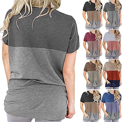 Andongnywell Women Casual Manga de morcego Camiseta de pescoço solto bloco lateral colorido lateral blusa com bolso