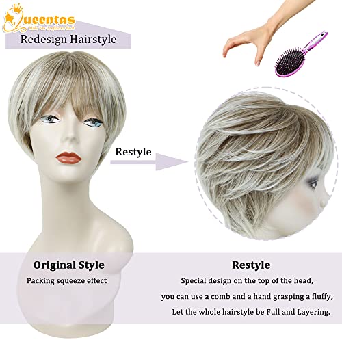 Queentas Imagem do produto Wigs Loira curta para mulheres brancas mulheres negras Pixie Blonde Wig com franja+Loira curta comprimento