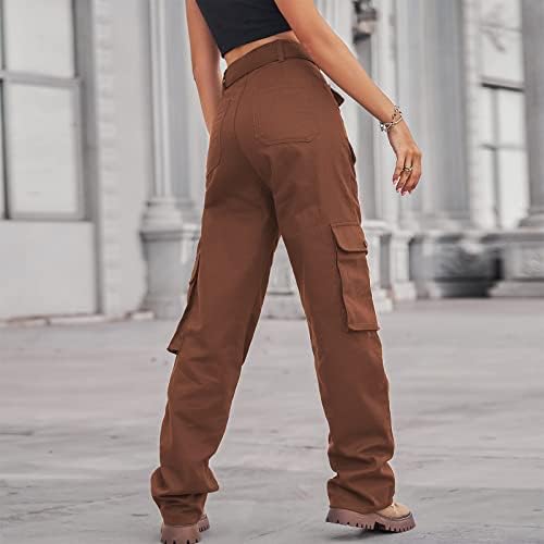 Calça de carga feminina ndvyxx calça alta perna alta perna longa longa bolsos multi -bolsos casuais Slim Fit ao ar livre de pára