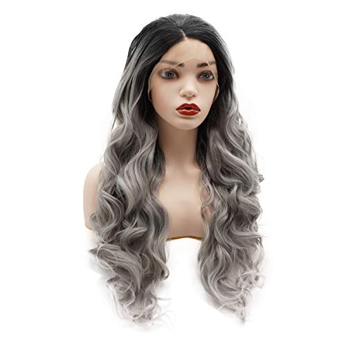 通用 Gaotao Hair Synthetic Lace Front Wig Wavy Long 24 polegadas Raiz escura ombre cinza meia mão amarrada densidade