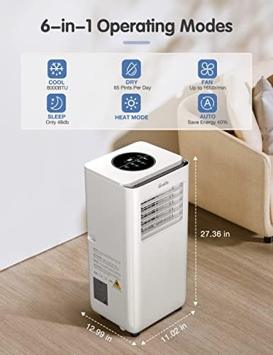 Air condicionado portátil, Grelife 8000btu 4 em 1 CA unidade com ventilador, calor e desumidificador, poderoso resfriamento
