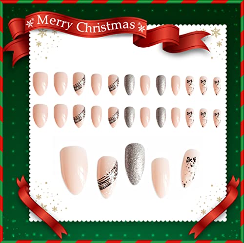 Rodaky Nude Pink Christmas Press on stiletto unhas longas unhas francesas falsas Beck prateado brilhante em unhas com design