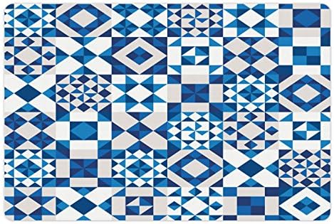 Tapete de estimação azul marinho lunarable para alimentos e água, textura de cerâmica portugal geométrica abstrata e padrões de mosaico, retângulo de borracha não deslizante para cães e gatos, azul branco branco