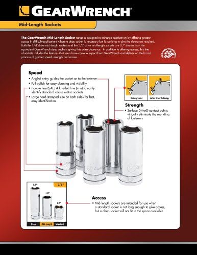 Gearwrench 3/8 Drive Mid -Length Socket Socket 5/8, 6 pontos - 80369s