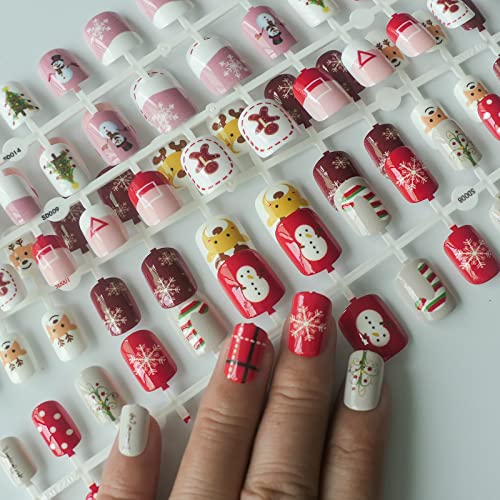 LoveOrHome 240pc Kids Square Square Press On Nails Christmas Fake Nails Fingernails Artificial With Natal Tree Snowflake