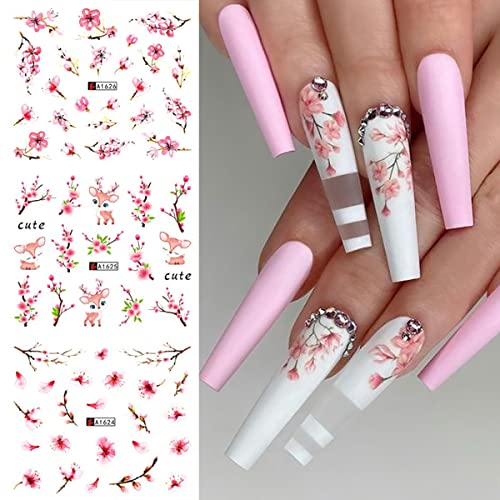G-J 12 folhas Sakura Prind Unh Nail Art Stickers, Supplies de unhas de flor para unhas de acrílico, árvore de flores de cerejeira rosa com folhas Decalques de unhas de transferência de água para mulheres design de moda para menina em Sunmer