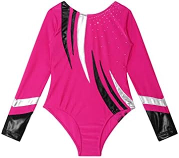 Easyforever Kids Girls Manga longa Managens brilhantes Ginástica Athletic Gymnastics Letard Unitard Fitness Bodysuit