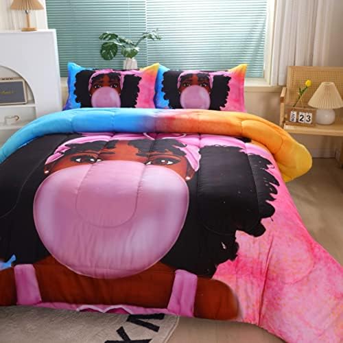 Consolador de meninas negras afro -americanas Conjunto para crianças e adultos, o edredom de cama com tema de goma de goma