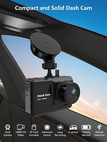 Dash Cam Front e traseiro, mini traço de traço 1080p Full HD com cartão SD de 32 GB, tela IPS de 2,45 polegadas, 2 maneiras de montagem, visão noturna, WDR, bloqueio de acidentes, gravação de loop, monitor de estacionamento, detecção de movimento