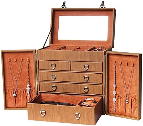 Caixa de organizador de jóias Feiyan para mulheres, caixa de jóias de couro falso de 5 camadas com todas as gavetas trancadas, veludo grande organizador de jóias para colar/anel/brinco/armazenamento de relógios