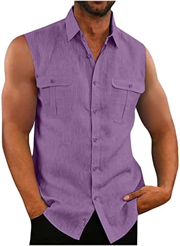 Tanque de linho masculino wenkomg1 tanque de tanque básico sem mangas de camiseta leve Button Up T-Shirt regular