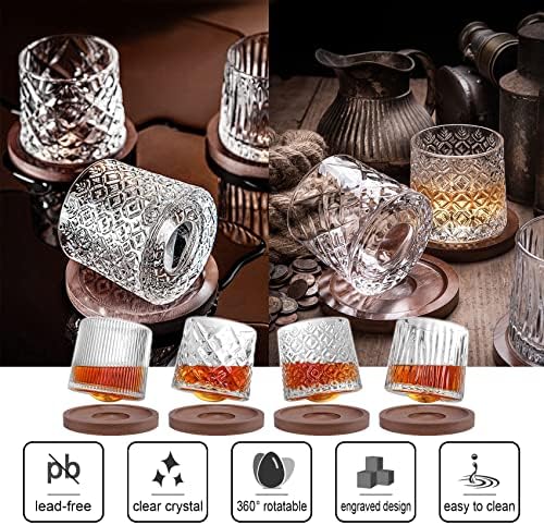 Gpyg Whisky Glasses-premium 10 oz de óculos escocês Conjunto de 4 com montanhas-russas de madeira, girando óculos de uísque à moda antiga para escocês, bourbon, licor, vodka, coquetel, rum