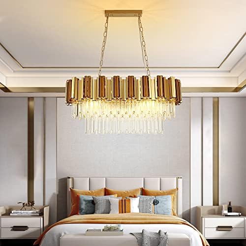 ZIROPLUS MODERN CRISTAL CANDELIER, Iluminação oval de lustre de ouro de 2 camadas luminárias de pingente de cristal de chuva para sala de jantar Ilha da cozinha Sala de estar…