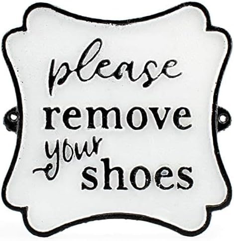 Auldhome Cast Iron Sign: Remova seus sapatos; Placa de metal da fazenda em preto e branco 6,5 polegadas x 6,5 polegadas; Inclui hardware de montagem