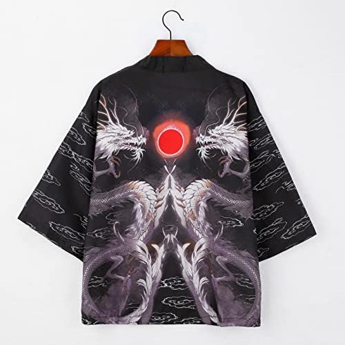 XXBR Mens japoneses Kimono Cardigan, Frente aberta 3/4 Manga leve ukiyoe dragão impressão yukata casual vestido taoísta