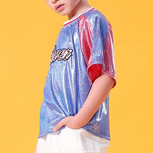 Kvysinly meninos meninos de manga curta dança top shiny metálico camiseta atlética camiseta moderna jazz hip hop