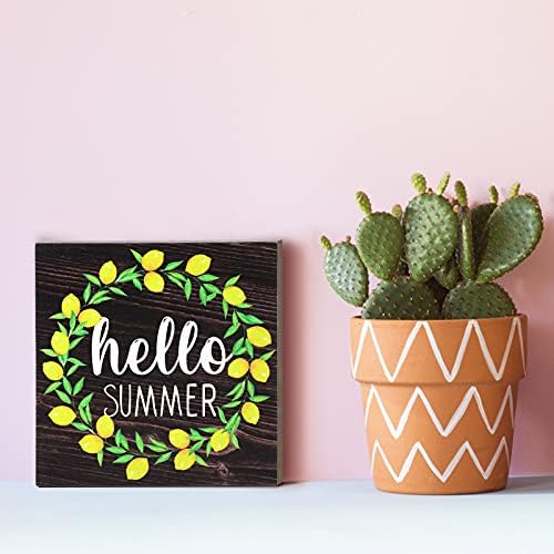 Jetec Hello Summer Wooden Sign On Lemon Wreath Sign Summer Wood Farmhouse Sign para casa, sala de cozinha decoração