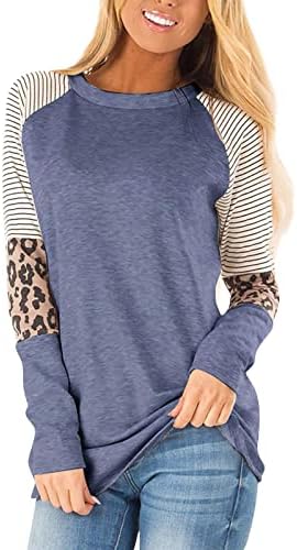 Camisas de manga comprida para mulheres, outono feminino e inverno com estampa de leopardo listrado no pescoço redondo de manga longa top