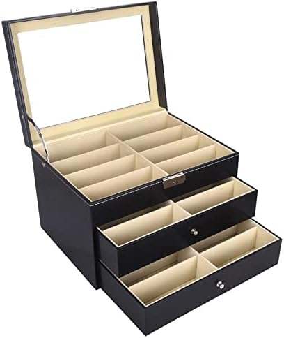 Autoark Leather 24 peças Óculos de armazenamento e óculos de sol Display Display Lockable Case Organizer, preto, AW-095