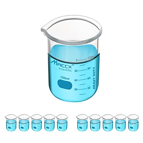 MACCX 5.07oz novos copos de vidro atualizados, conjunto de copos de laboratório para serviço pesado, 3,3 borossilicato com escala