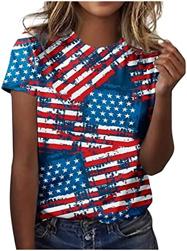 Camisetas de bandeira americana feminina Tom de Independência Camas de manga curta Camiseta de cola curta Camiseta 4 de julho Túnica solta casual