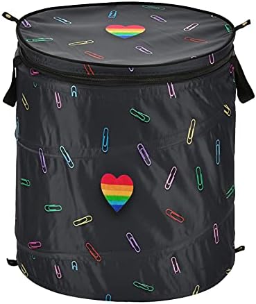 Rainbow Heart Pop Up Leundry Turme com tampa de cesta de armazenamento dobrável Bolsa de lavanderia dobrável para camping
