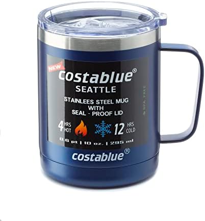 Vaccum de aço inoxidável de custo - caneca de chá de café isolado com alça e tampa. Para uma bebida quente e fria de 10 oz azul fosco…
