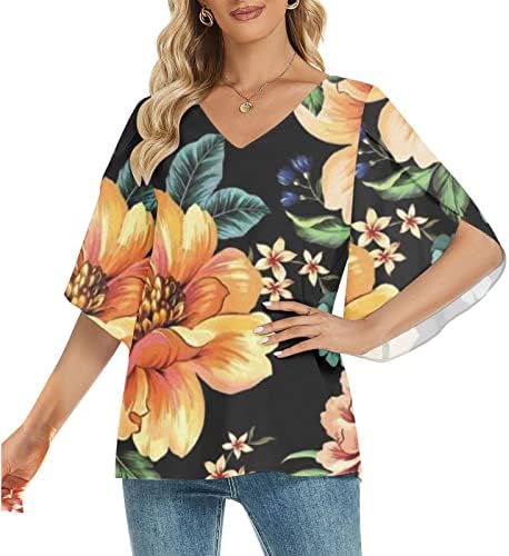 Blusa de impressão floral de decote em V Summer feminino de três quartos de manga de petal de manga casual casual