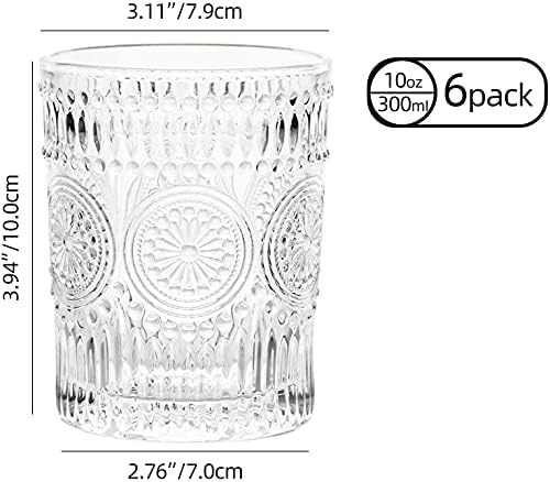 Kelvee em relevo o conjunto de vidro de água romântica projetado de 6, copos de copos premium perfeitos para beber uísque, suco, bebidas, cerveja, coquetel
