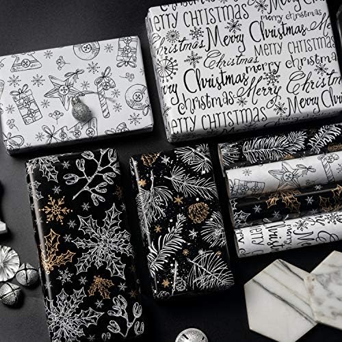 Papel de embrulho de Natal Ruspepa - Designs clássicos de estilo preto e branco - 4 rolos - 30 polegadas x 10 pés por rolo