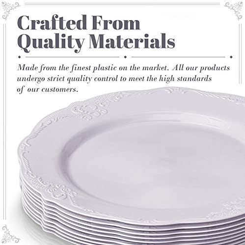 Placas descartáveis ​​de utensílios de jantar | Plástico reutilizável premium | Vintage | 10 peças, pratos, branco
