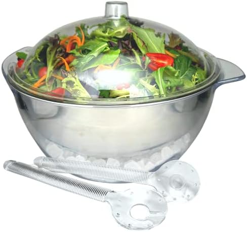Simplesmente Instyle Salada de aço inoxidável que serve tigela no gelo com tampa, 5 peças com colheres de servir para camarão,