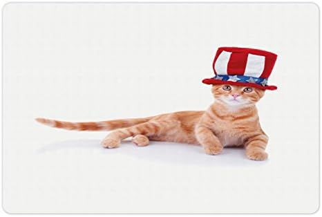 Lunarable 4 de julho Pet tapete Para comida e água, gato de gatinho doméstico com bandeira dos EUA Hat Patterled Hat Celebration