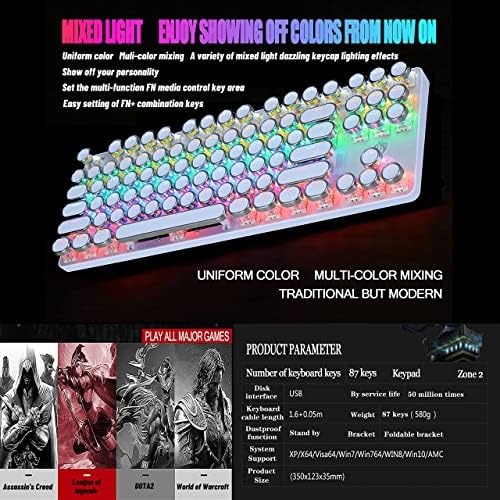 Teclado de escritor de tipos, teclados de teclado de jogo de steampunk no estilo da máquina de escrever interruptor azul com 9 modos de luz de fundo RGB verdadeiros e teclado com fio de 87 teclas com resistente a derramamentos