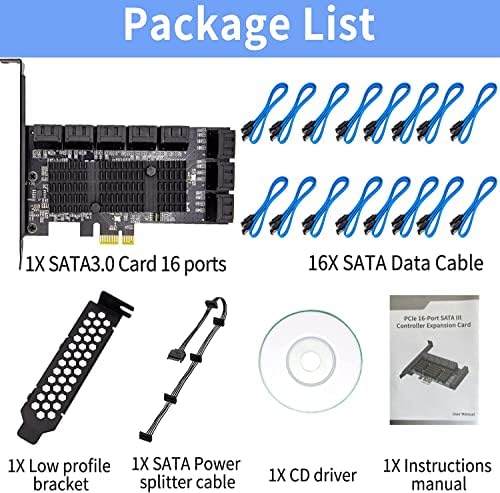 Porta do cartão pcie sata pcie sata 16 com 16 cabos SATA, 6 Gbps SATA 3.0 Controlador PCI Express Card com suporte de baixo