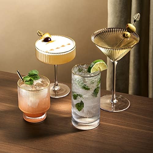 Viski Meridian Martini Glasses - Glass de coquetéis divertidos - Art Deco Ripple Gold Glassware de Crystal - 7,8 onças de 2 onças de 2 onças