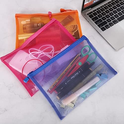 Bolsa de malha de nylon com zíper de 12 peças, bolsas de maquiagem de bolsas de maquiagem de bolsas de malha, sacolas de viagem multiuso