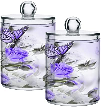 Alaza 2 Pack Qtip Dispensador Purple Butterfly Iris Rose Flower Banheiro Organizador de banheiro para bolas de algodão/swabs/almofadas/fio