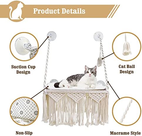 Janela de gato Macrame de gato Cat Hammock Boho Montado com parede Pet Resting Satent Bed para tomar sol, cochilando e com vista para