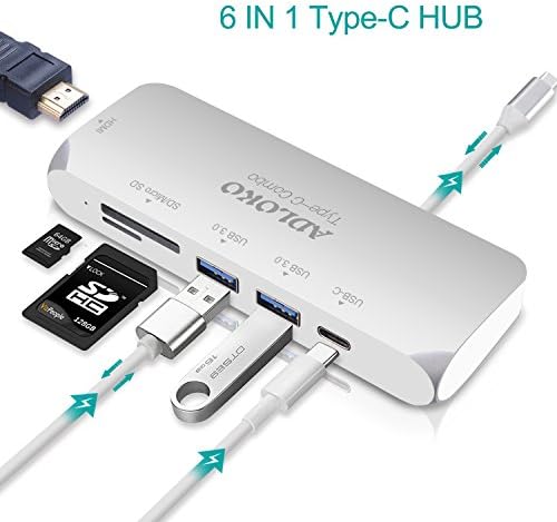 ADLOKO USB C HUB, Adaptador C 6 em 1 USB C, USB tipo C para HDMI 4K, portas USB3.1 Gen 1, PD, Leitor de cartão SD/TF, para laptops do Windows Tipo C, cordão oculto