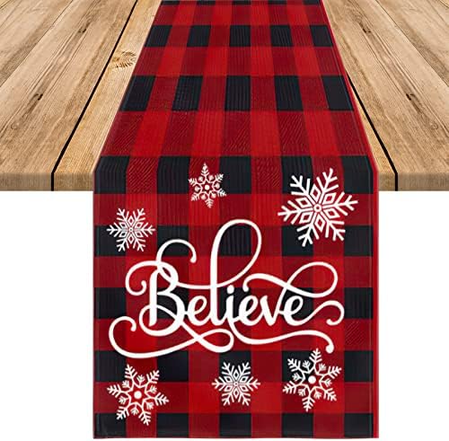 Runner de mesa de Natal, xadrez vermelho e preto Buffalo Believe Rustic Christmas Table Runner para Festas de Férias de Férias