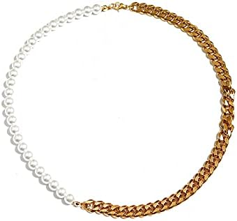 18K Gold banhado a meia pérola de meia corrente de colar de gargantilha de miçangas de aço inoxidável Link Cuba Link para jóias