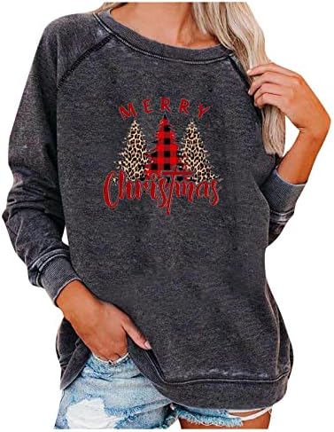 Camisas de Natal femininas Moda 2023 Ano Novo Crewneck Sleeve Sweater Disturd Sweater Tops de árvores xases xadrez