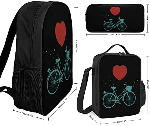 Bikes Hearts School Backpack Conjuntos para Student Fo Cute Impresso Bookbag Set com lancheira isolada e caixa de lápis