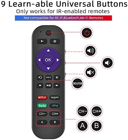 O controle remoto universal GVirtUe se encaixa no Roku Player 1 2 3 4 Premiere/+ Express/+ Ultra com mais 9 teclas de aprendizado