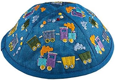 Emanuel Yair Kippah para crianças bordadas de trem multi-coloridos Yarmulke para crianças