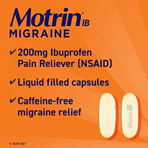 Motrin ib enxaqueca líquida Caps de gel líquido, ibuprofeno 200 mg, Medicina de socorro da enxaqueca, 20 ct